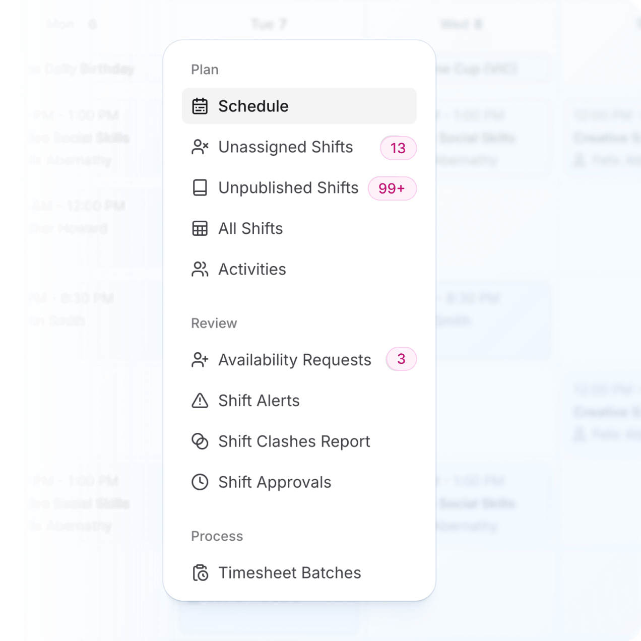 Dashboard showing roster overview
