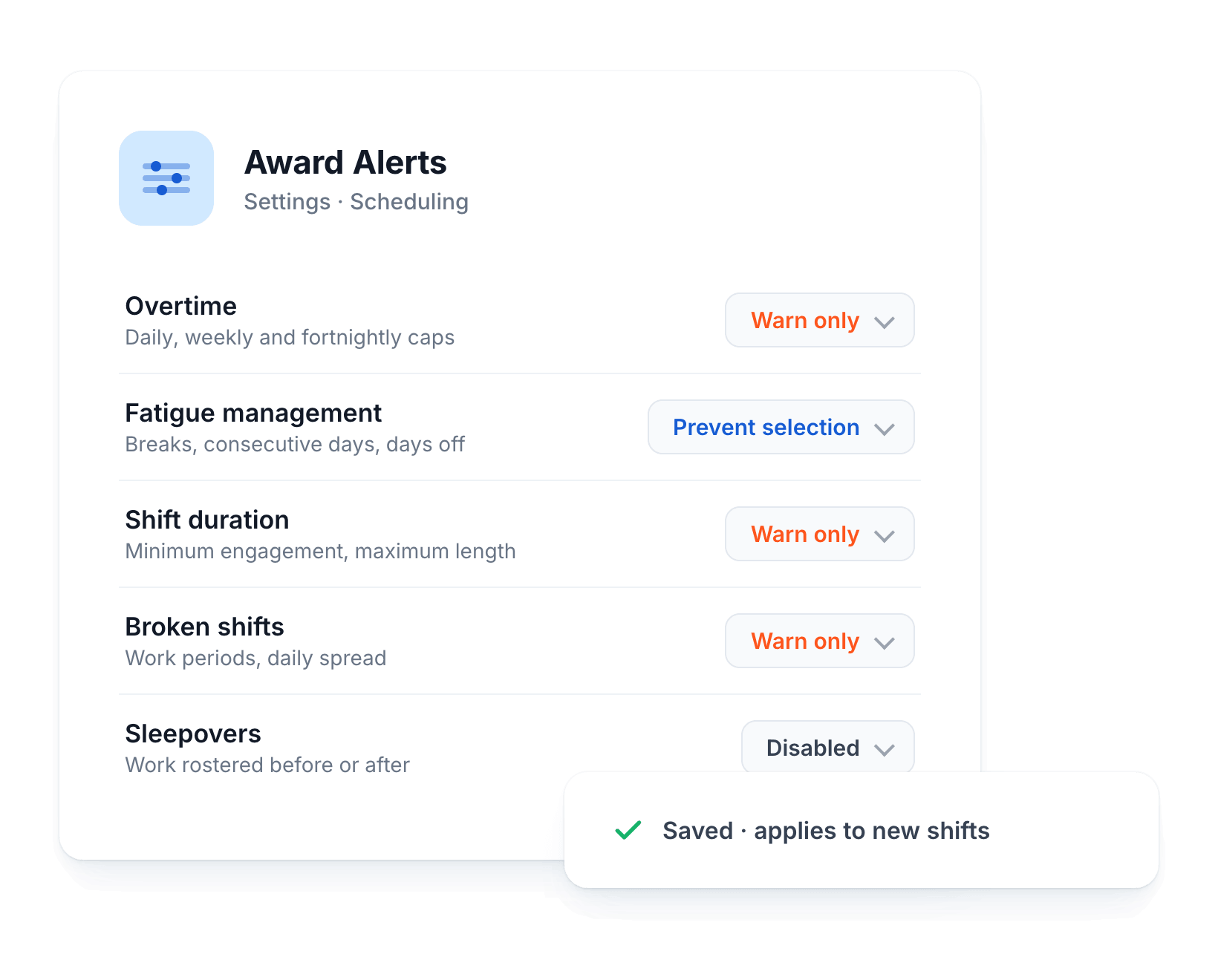 Award alert settings with each category set to warn only, prevent selection or disabled
